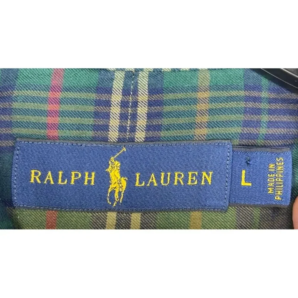 Polo Ralph Lauren Men's Shirt Size Large Green‎ Blue Plaid Long Sleeve Button Up